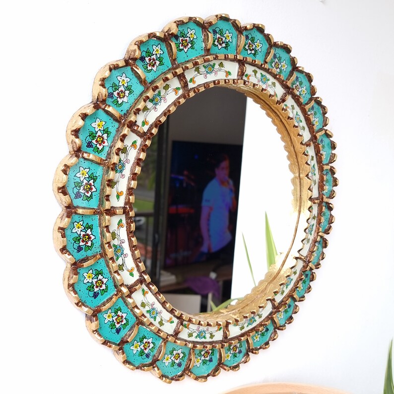 Peruvian Mirrors Armoniosa Turquesa 40cm Decoración interiores Espejo de Pared Decoración hogar Espejos decorativos 画像 5
