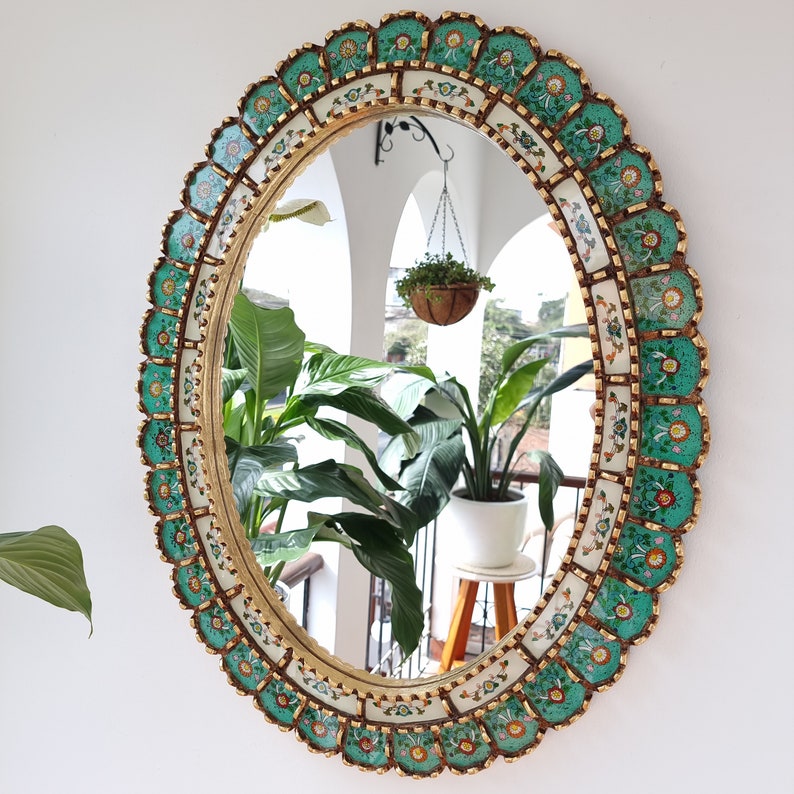 Beautiful Turquoise Gold Mirror 70cm Oval Interior decoration Wall mirror Home decoration Decorative mirrors Peruvian Crafts image 2