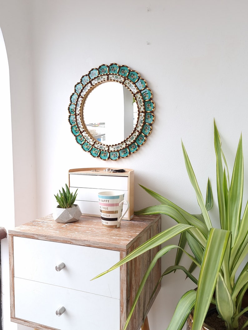 Peruvian Mirrors Armoniosa Turquesa 40cm Decoración interiores Espejo de Pared Decoración hogar Espejos decorativos 画像 8