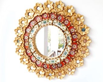Peruvian Mirrors " Red Pink 40cm " - Wall Mirror - Home decoration- Decorative mirrors - Peruvian Crafts