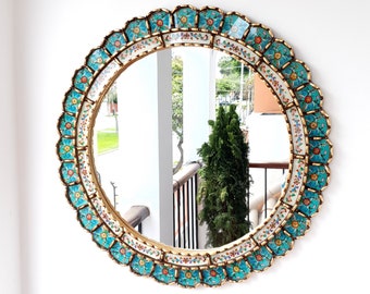 Specchi peruviani "NEW Turquoise 60CM" - Decorazione di interni - Specchio da parete - Decorazione della casa - Specchi decorativi