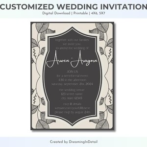 May include: Black and white wedding invitation with floral border. The invitation reads "Together with our families, we invite you to attend the wedding of Awen & Aragon." The invitation includes the date, time, location, and RSVP information.