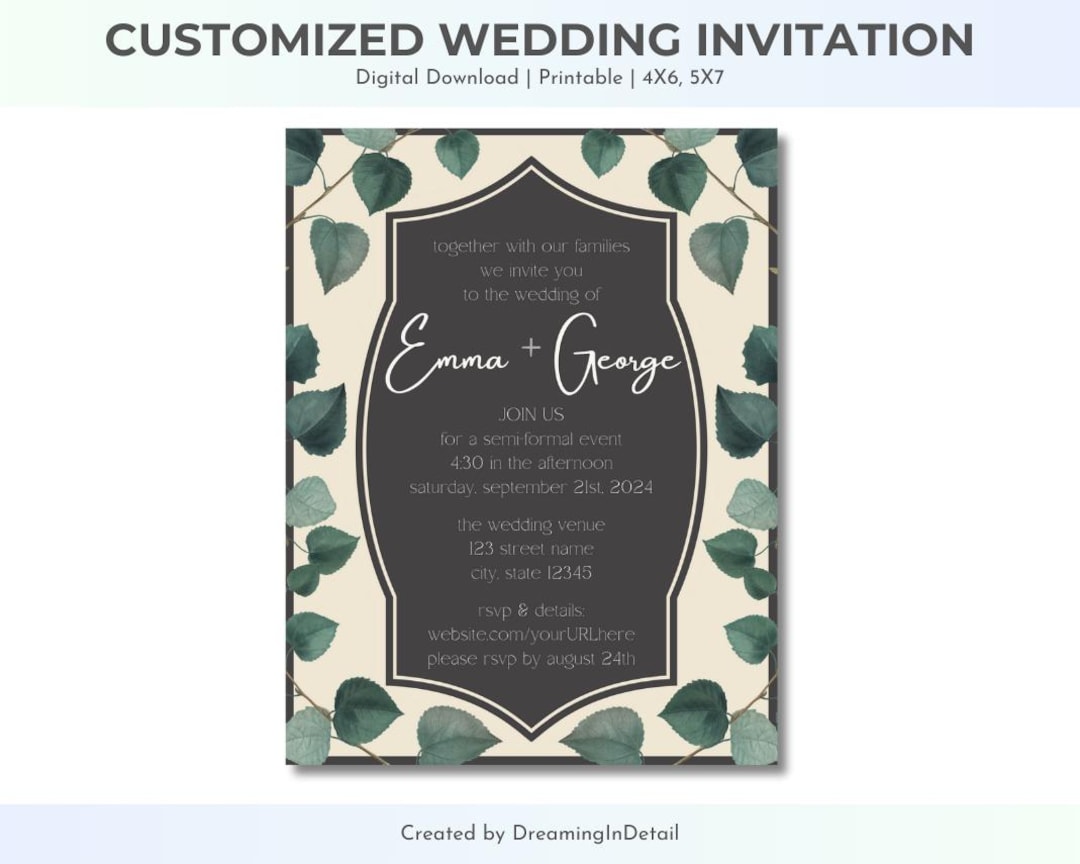 Customizable Wedding Invitation Digital Download, Vintage Eucalyptus ...