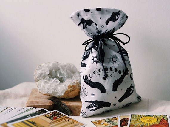 White Celestial Print Drawstring Bag, Tarot Deck Pouch, Crystal Bag, Magical Gifts