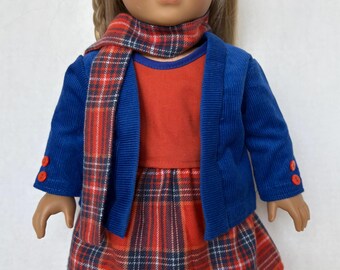 18 inch doll party dress,  plaid skirt, shirt, corduroy jacket and scarf outfit