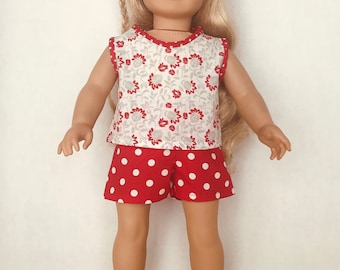 18 inch doll clothes, red polkadot shorts and floral shirt