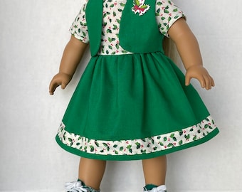 18 inch doll clothes, holiday dress, vest, and sneakers