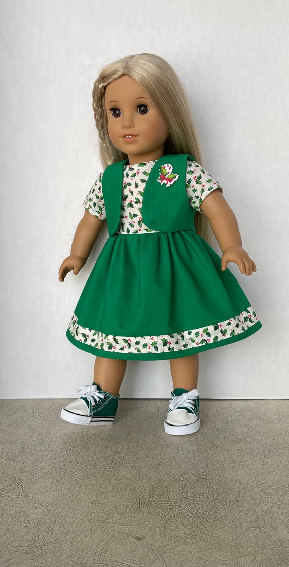 18 inch doll clothes, holiday dress, vest, and sneakers