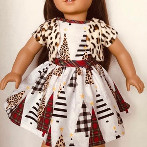 18 inch doll clothes, Christmas  party dress with shrug, animal print dress