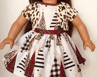 18 inch doll clothes, Christmas animal print party dress with shrug