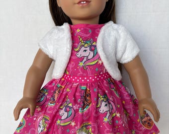 18 Inch Doll Unicorn Party Dress with White Fleece Shrug