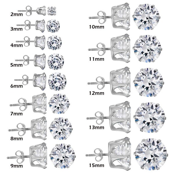 Sterling Silver 925 Clear Round CZ Diamond Stud Earring 4mm to 10mm Hypoallergenic & Nickel Free