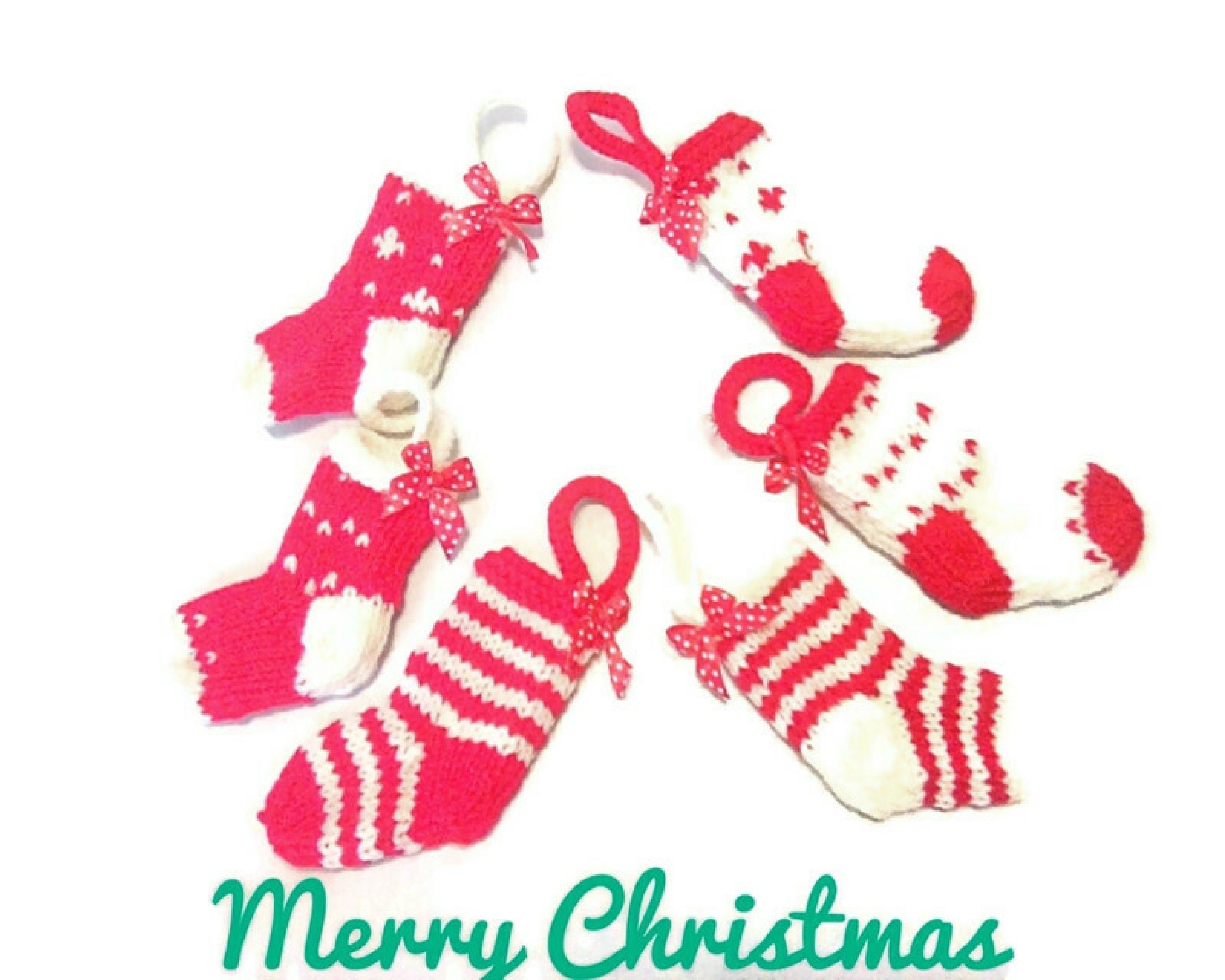 Mini Bas de Noël Ensemble 6, Décoration d'arbre Handknit en Rouge et Vert, Décor à La Maison