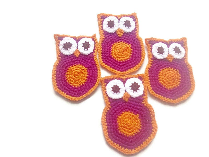 Owl Drink Coaster Set de 4 Crochetés en Violet et Orange, Tapis Verre ou Mug, Table Coaster