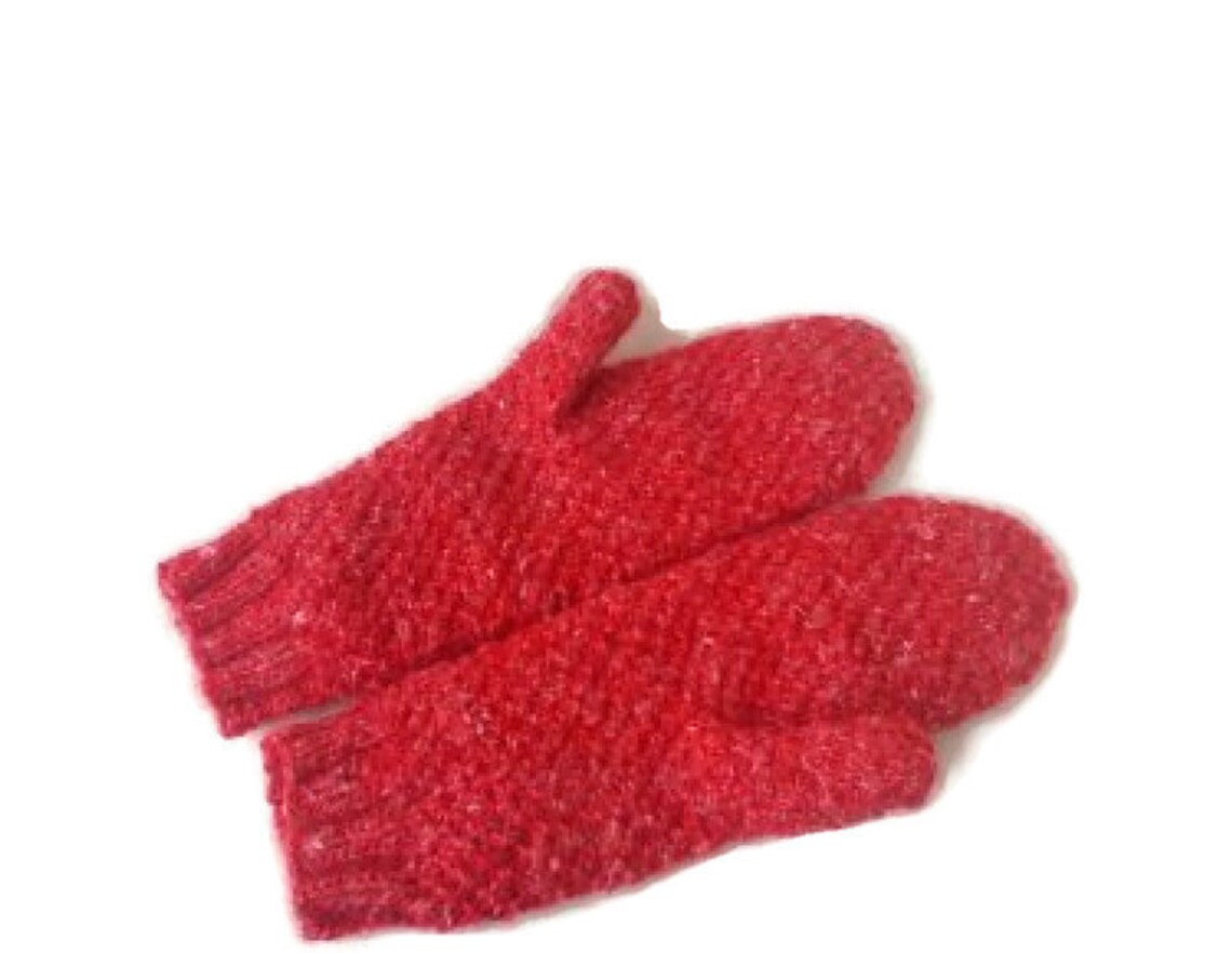 Red Mittens Hand Knitted With Wool Mix Yarn Winter Gloves Etsy Canada