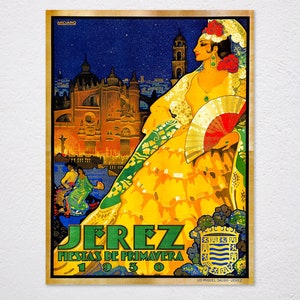 Jerez Fiestas de Primavera 1930 Feria de Primavera Española Mujer España Turismo Turismo Vintage Cartel Retro, Publicidad Vintage, Cartel de Arte de Pared