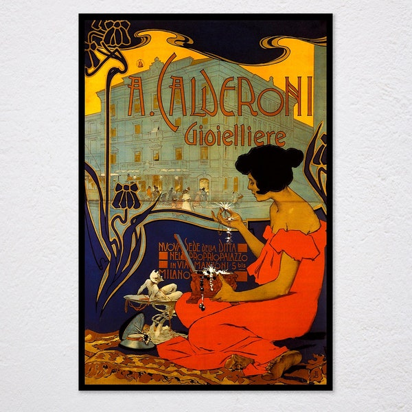 A. Calderoni Gioielliere Italian Jewelry Woman With Jewels Box Fashion Italy Vintage Retro Poster, Vintage Advertising, Wall Art Poster