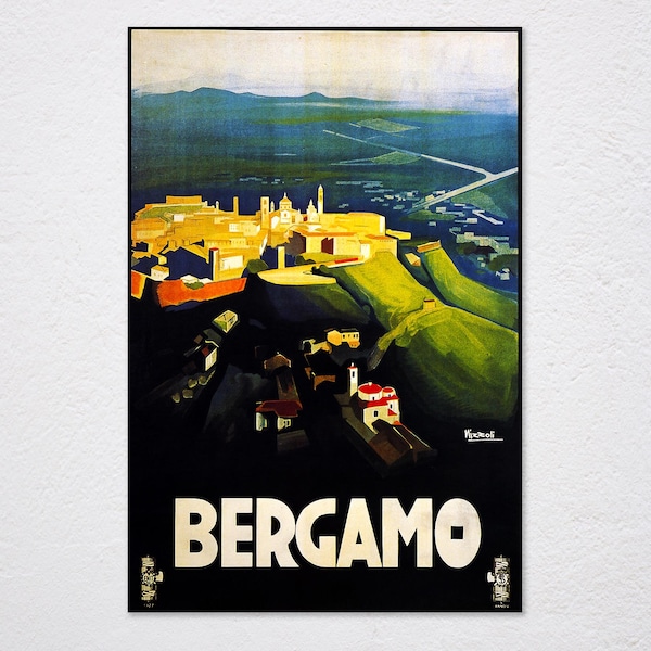 Bergamo Birds Eye View Italy Travel Tourism Vintage Retro Poster, Vintage Advertising, Wall Art Poster, Art Canvas, Bergamo, Birds, Eye