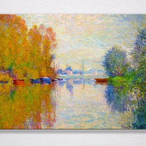Claude Monet: Otoño en el sena en Argenteuil lienzo impresión de arte de pared, impresionismo, arte de la pared, decoración del hogar, cartel, Francia, río, puente