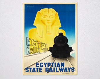 Egypt Railways "egypt Calls You" (egyptian State Railways Poster) Poster, Egypt, Railroad, Spinx, Egyptian Travel, Train - Art Poster
