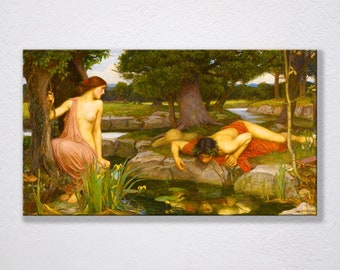 John William Waterhouse: Echo And Narcissus Canvas Art Print, Romanticism, Poster, Wall Art, Mythology, Narcissus, Echo, Water, Greek