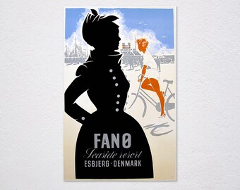 Fano, Seaside Resort, Esbjerg, Denmark, C 1948 Poster, Denmark, Seaside Resort, Vintage Travel, Woman On Bike - Art Poster, Wall Art