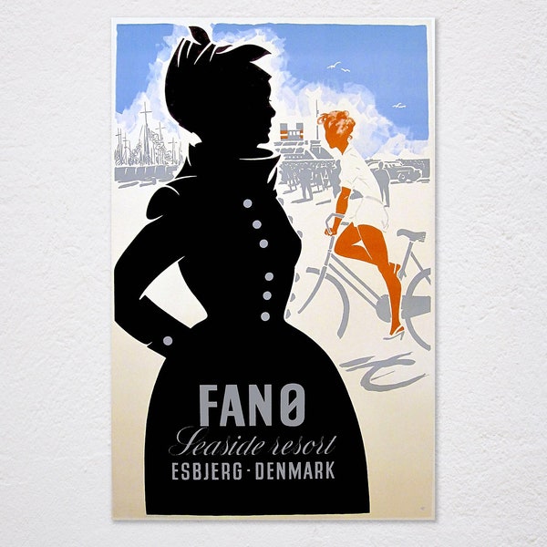 Fano, Seaside Resort, Esbjerg, Denmark, C 1948 Poster, Denmark, Seaside Resort, Vintage Travel, Woman On Bike - Art Poster, Wall Art