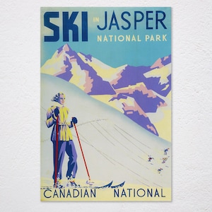 Jasper National Park Canada Fashion Lady Girl Ski Skiing Jumping Winter Sport Vintage Retro Poster, Vintage Advertising, Wall Art Poster