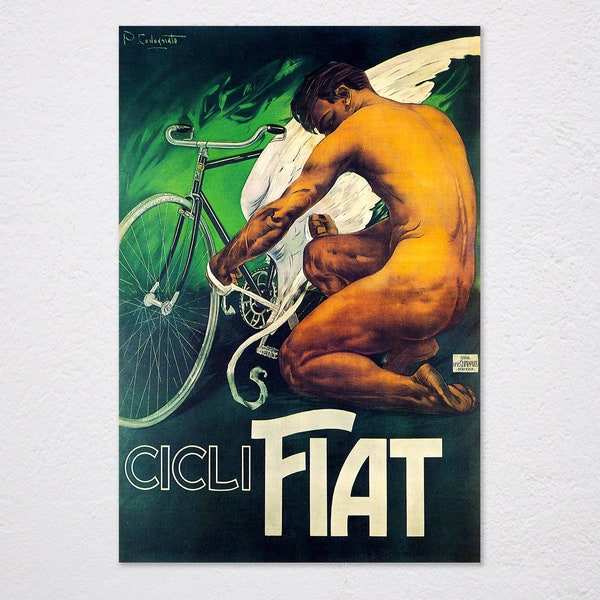 Cicli Fiat Italian Bicycle Nude Man Tying Wing Bike Pedal Italy Italia Cycling Vintage Retro Poster, Vintage Advertising, Wall Art Poster