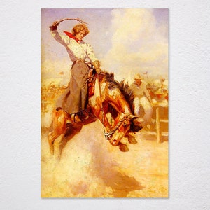 Girl Rodeo Rider Cowgirl Bronc Riding American By William Dunton Painting Vintage Retro Poster, Vintage Advertising, Wall Art Poster