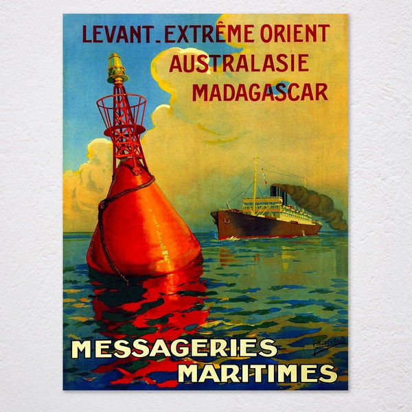 Messageries Maritimes French Merchant Shipping Levante Extreme Orient Ship Vintage Retro Poster, Vintage Advertising, Wall Art Poster