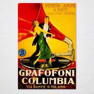 Columbia Grafofoni Gramophone Music On Vinyl Couple Dance Milano Italy Italia Vintage Retro Poster, Vintage Advertising, Wall Art Poster