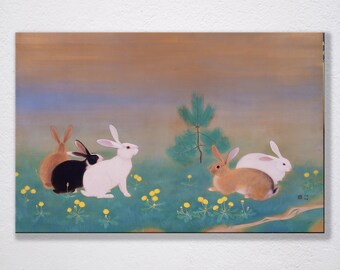 Domoto Insho: Hares Playing In The Spring Field Canvas Art Print, Poster, Wall Art, , Rabbits, Animals, Spring, Cute, Japanese