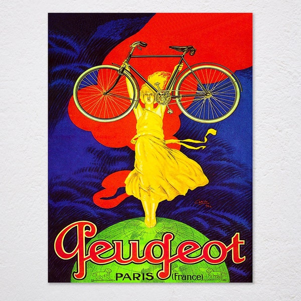 Peugeot Paris France Woman On Top Of The World Light Bike Bicycle Cycling Vintage Retro Poster, Vintage Advertising, Wall Art Poster