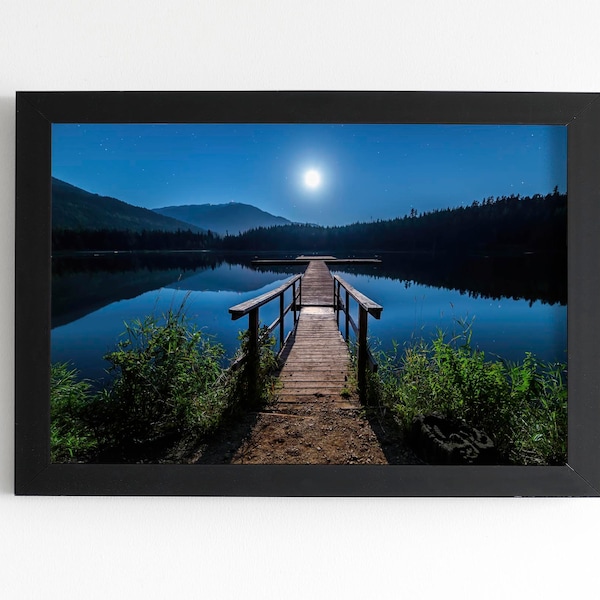 Full Moon Over Jetty Printable Art Instant Download, Printable Wall Art, Poster, Mountain, Moon, Astronomy, Lake, Landscape, Nature, Cabin