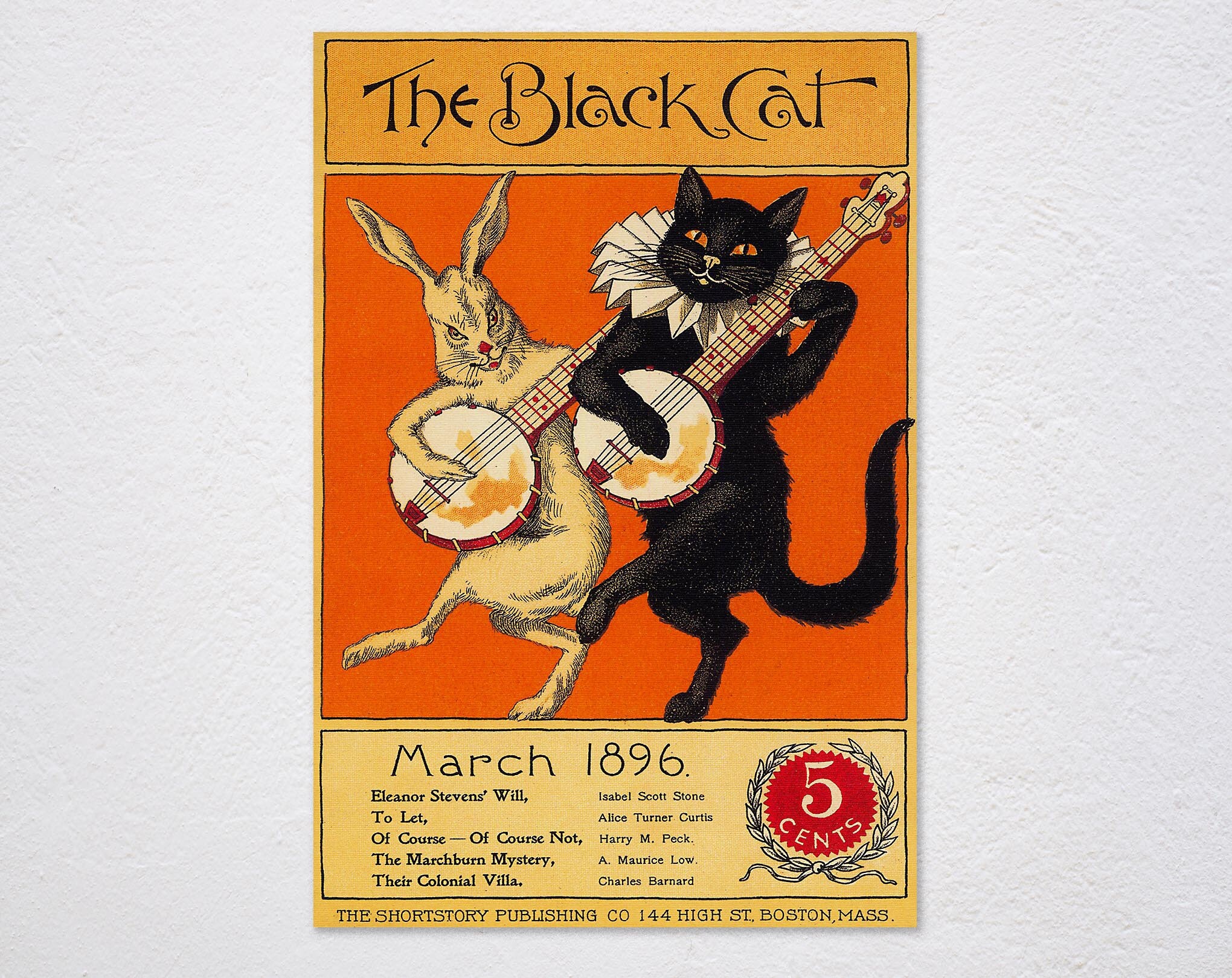 【CAT】　vintage poster The Black Cat March 1896 Rabbit Playing Banjo Usa Vintage