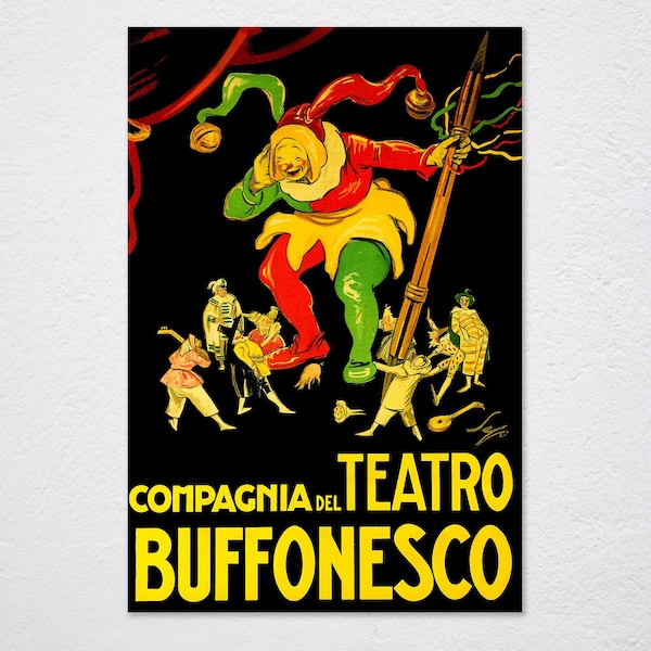 Theater Teatro Buffonesco Show Italy Italia Italian Vintage Retro Poster, Vintage Advertising, Wall Art Poster, Art Canvas, Theater, Teatro