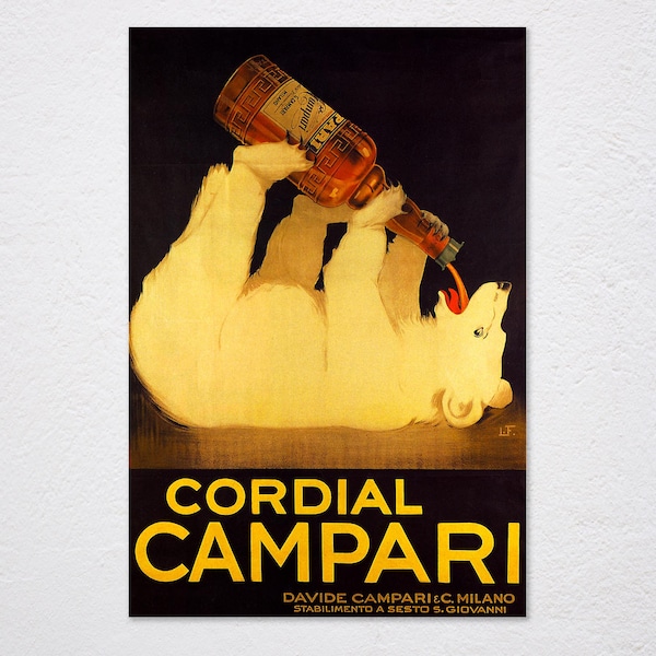 Cordial Campari Poster, Davide Campari, C. Milano, Polar Bear Drinking, Alcohol, Bear Poster, Vintage Advertising, Retro Poster, Wall Art