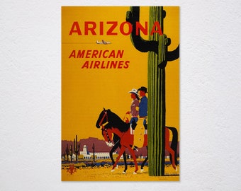 Arizona Desert Cactus Saguaro Cowboy Cowgirl Riding Horses Usa Travel Tourism Vintage Retro Poster, Vintage Advertising, Wall Art Poster