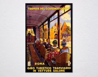 Roma Tram Sightseeing Tourist Tour Italy Travel Tourism Vintage Retro Poster, Vintage Advertising, Wall Art Poster, Art Canvas, Roma, Tram