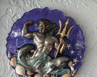 Poseidon Wall Art, Handmade Resin Decor, Ocean Decor, Neptune Sea Sculpture
