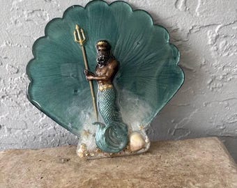 One of a kind work of ocean-inspired,  Islander Merman wall hanging, Ethnic Mythical Trident  Male