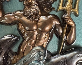 Handmade Resin Islander Merman, Neptune, Trident, Mythical Male Wall Art