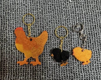 6 piece set of Country Chicken decor,   Chickens Chicken Magnets,  Chicken Key Chains, Chicken Necklace