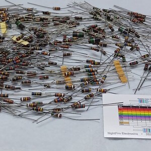 May include: A large assortment of resistors with color bands, spread out on a white surface. The resistors are arranged in a random pattern, with some overlapping. A small card with a resistor color code chart is visible in the lower right corner of the image.