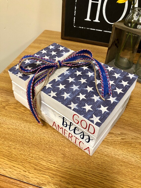 Independence Day Decor God Bless America Tri-Color Farmhouse Book Stack Fourth of July July 4th 