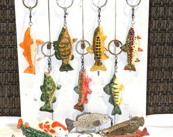 Hand Carved Artisan Fish Keychain – Wooden Fishing Gift, Trout Key Ring, Handmade USA