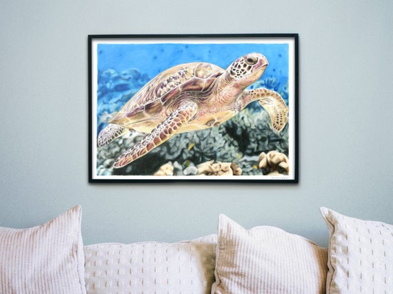Underwater Sea Turtle Swimming Hand Drawn Wall Art Print A3 | Etsy