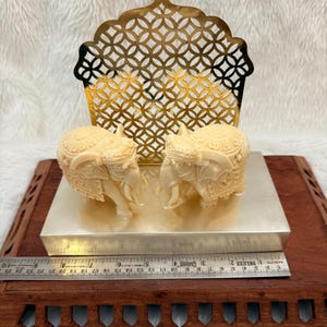 Ivory Look Elephant Pair with Golden Backdrop, Rajasthani Royal Decor Gift, Handcrafted Heritage Showpiece for Wedding or Anniversary
