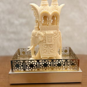 Intricate Cutwork Hauda on Elephant – Handcrafted Stone Sculpture – Antique Ivory - Royal Decor Piece – Traditional Indian Gift – Jaali Work